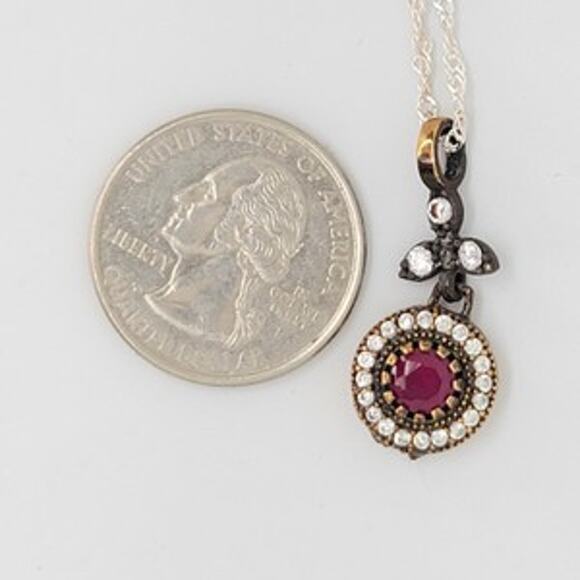 Round Ruby & Zircon Halo Organically Antique Charm - Picture 6 of 6